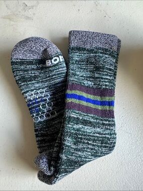 Bombas Green Marled Crew Socks with Purple and Blue Stripes Calf Length Y0311